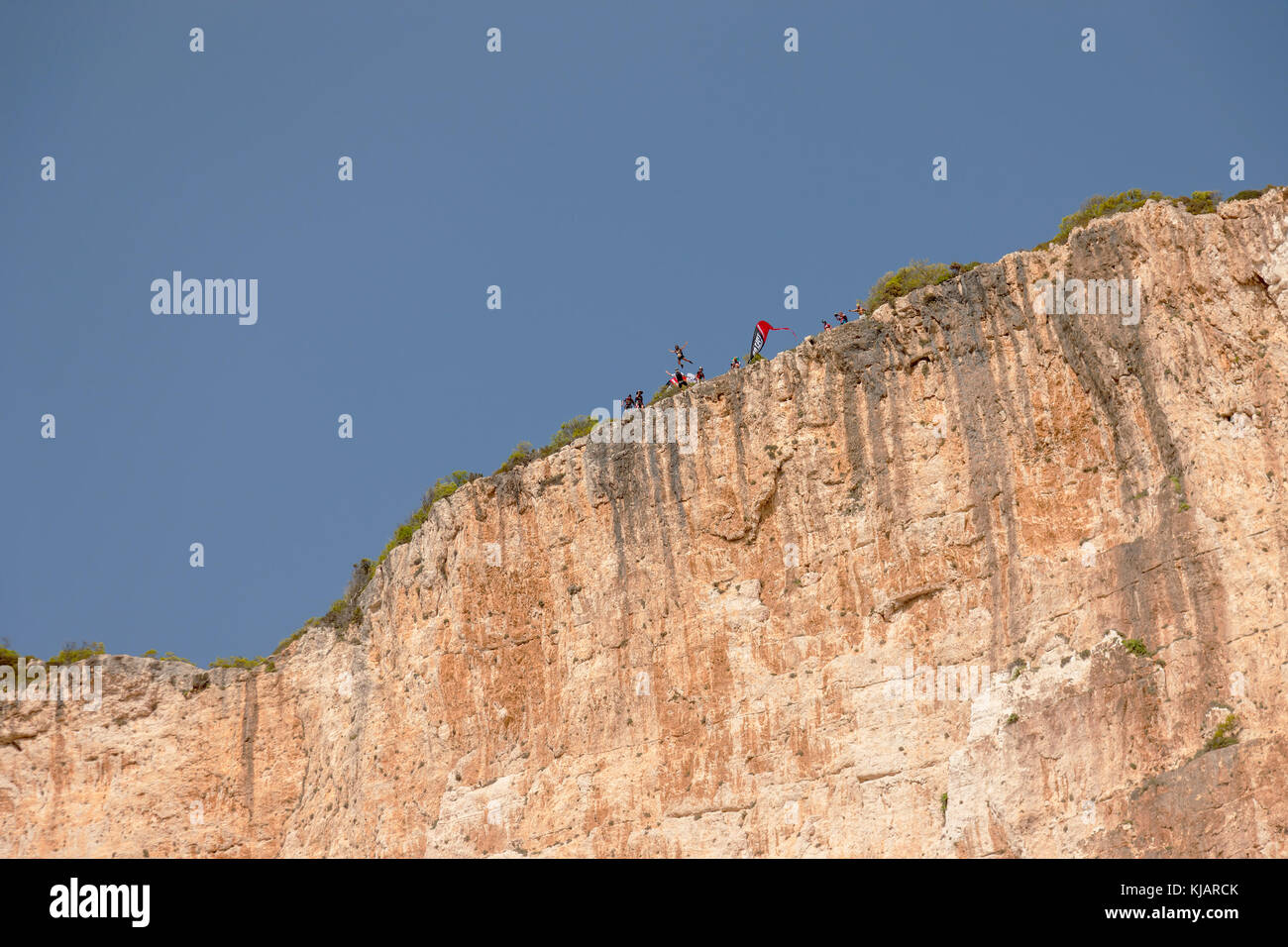 29th August 2015, base jump in the famous beach with an old shipwreck in Zakynthos island in Greece Stock Photo
