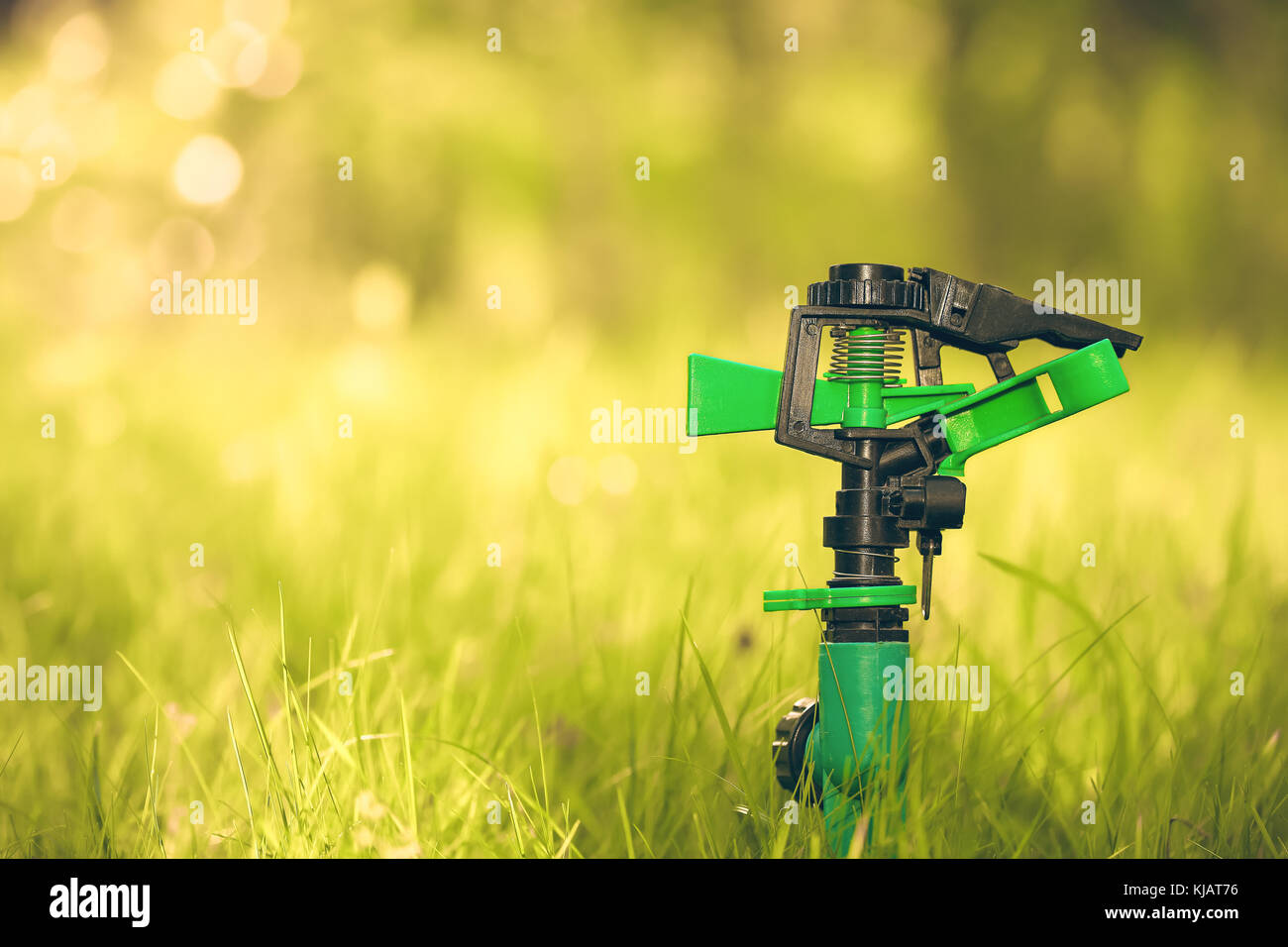 water sprinkler in the garden. Copy space for text and design Stock