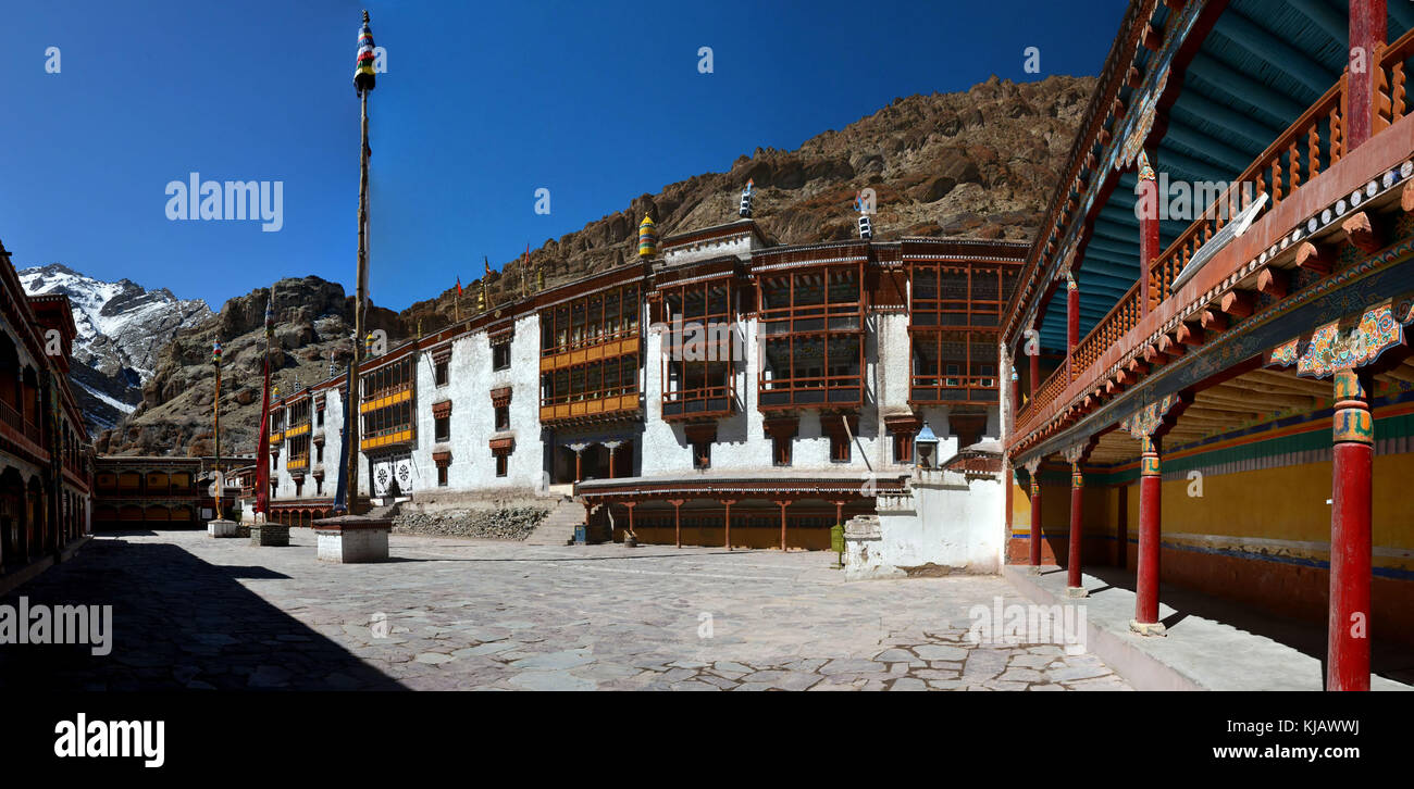 Monastery yard of the Buddhist monastery Hemis Gonpa, Ladakh, Northern India, photo panorama. Stock Photo