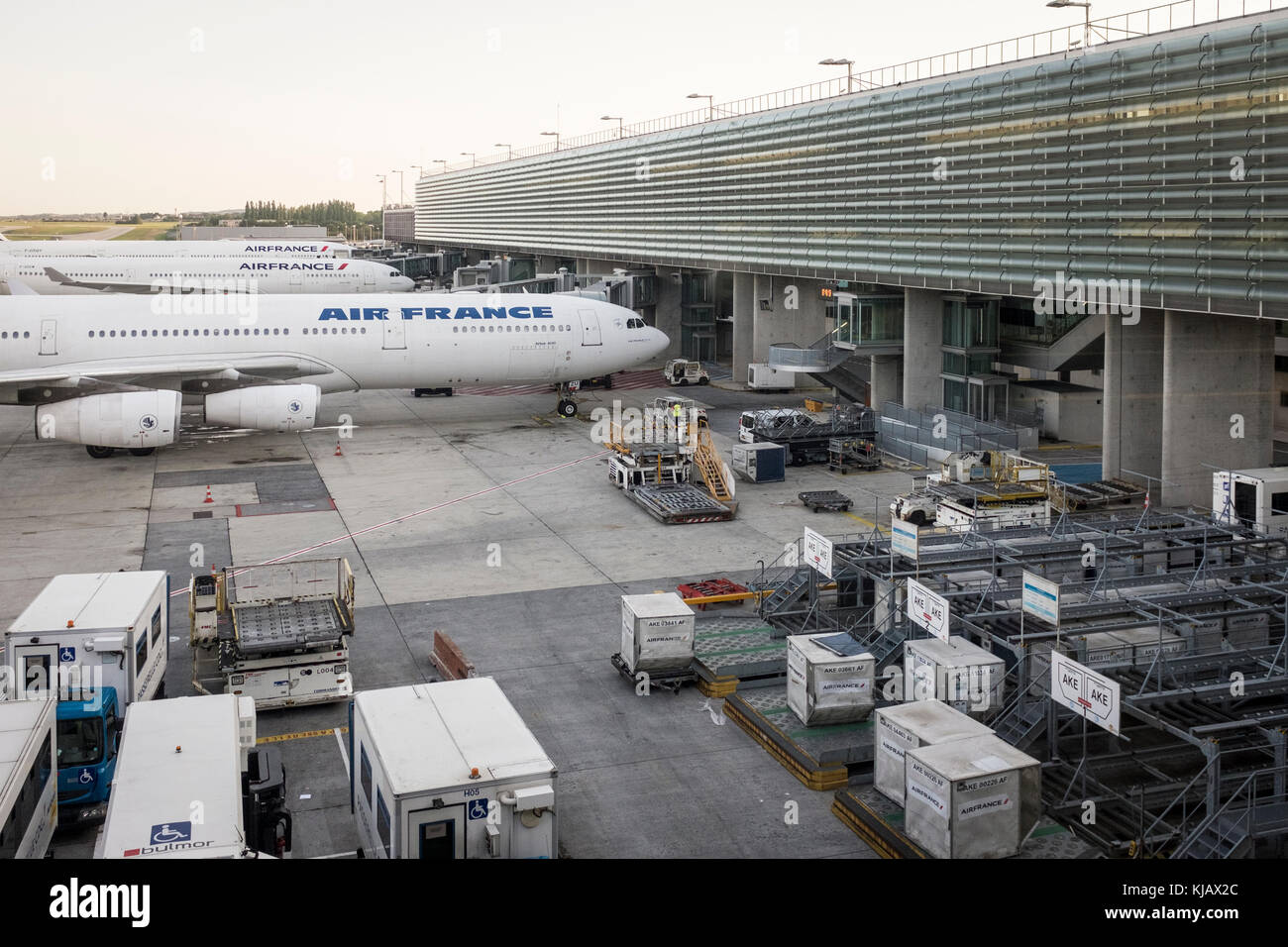 Airbus aircraft stand at their gates at Paris Charles de Gaulle, aka Roissy, Airport in France. Stock Photo