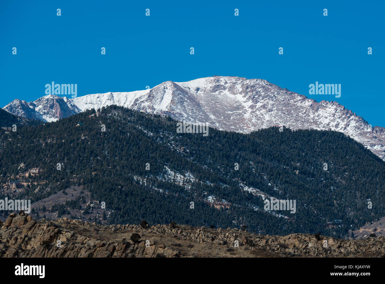 Colorado Springs, Colorado. Pikes Peak in the Pike National forest is a National Historic Landmark. It is 14,110 feet at the summit. Stock Photo