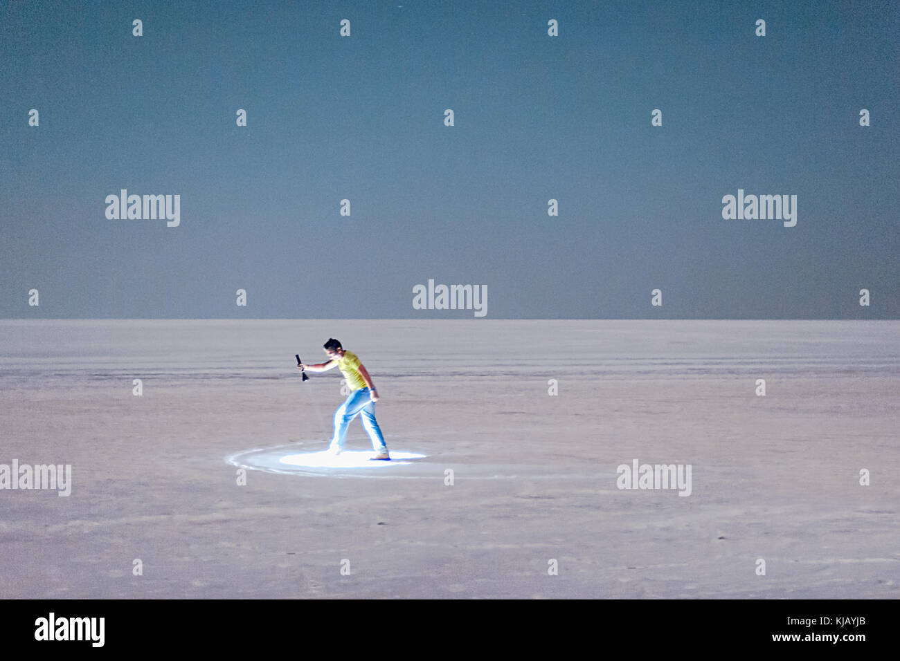 Rare images clicked in moonlight at full moon night in white desert - white rann  at Kutch, Gujarat, India with light play, experiments and concepts Stock Photo