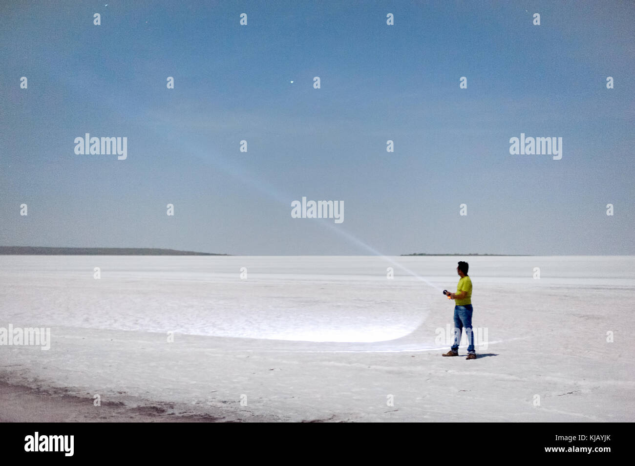 Rare images clicked in moonlight at full moon night in white desert - white rann  at Kutch, Gujarat, India with light play, experiments and concepts Stock Photo