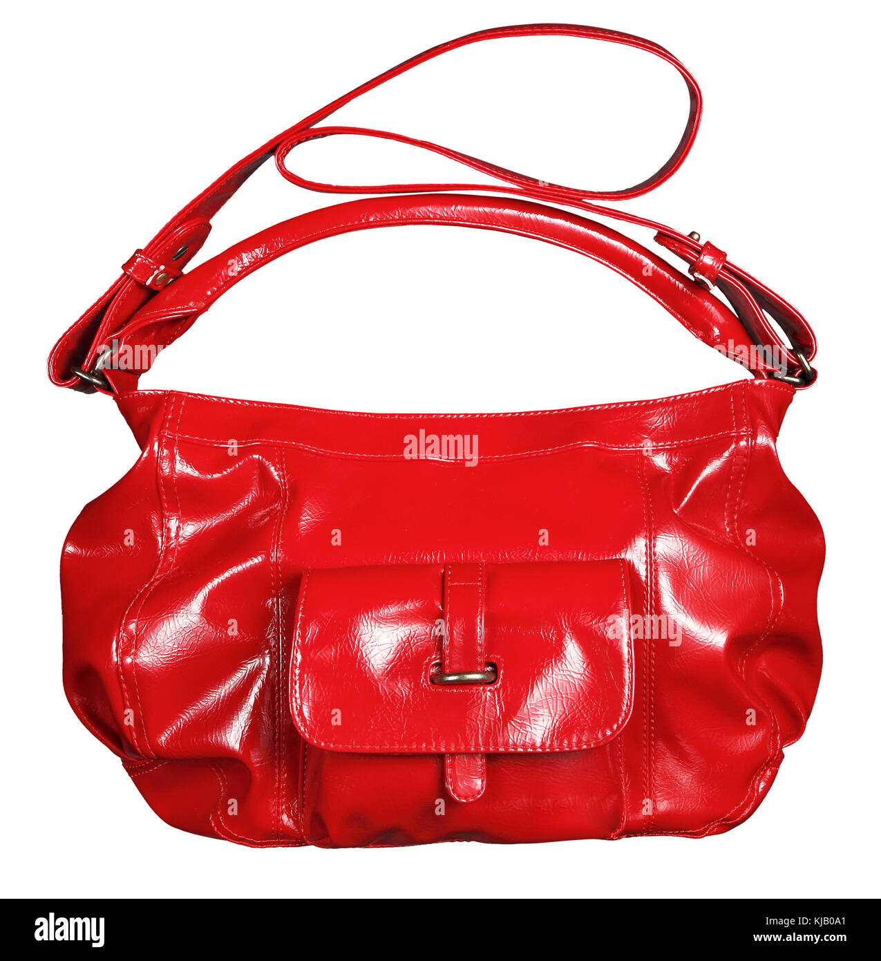 Bright red shiny patent leather handbag with dual carry and shoulder straps for an elegant female fashion accessory isolated on white Stock Photo