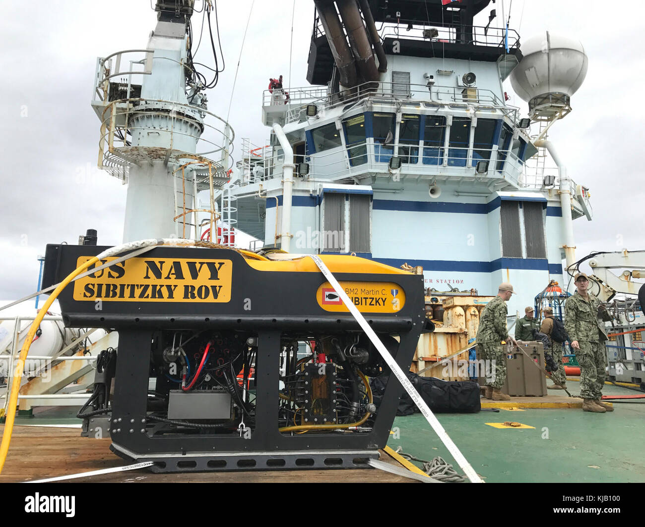 A Remotely Operated Underwater Vehicle (ROV), operated by the U.S. Navy