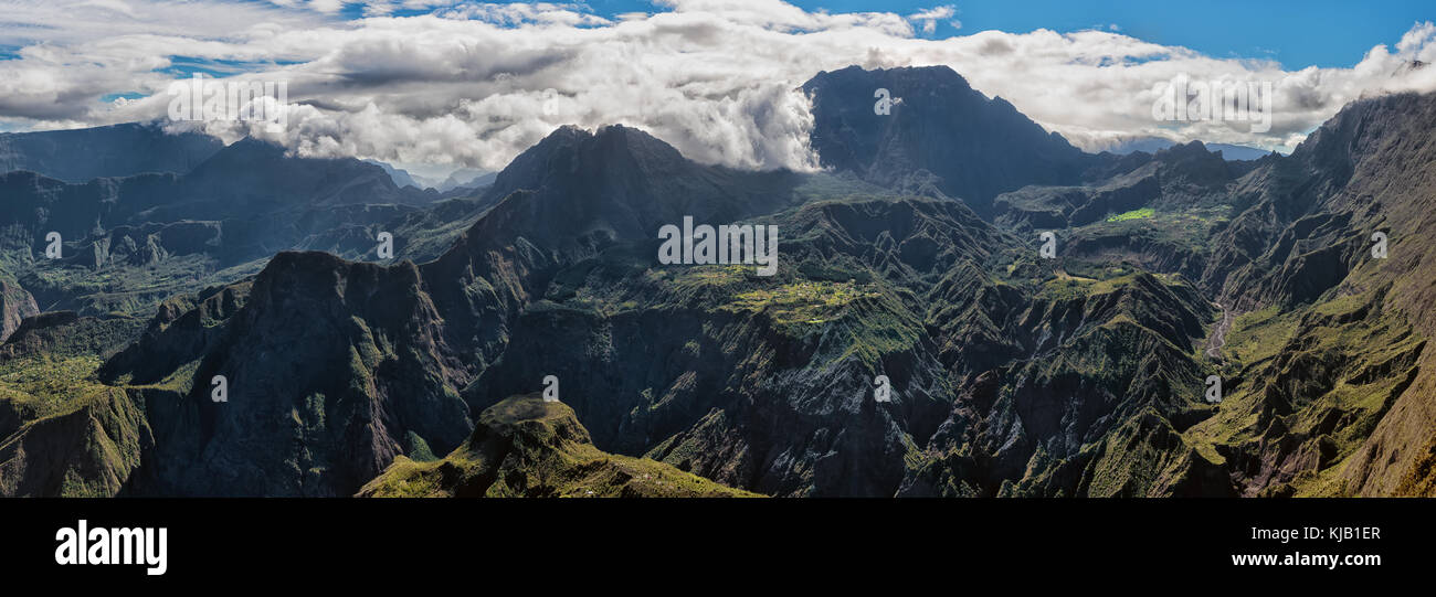 cirque of mafate, highlands of the réunion island , panoramic view from maïdo summit. Stock Photo
