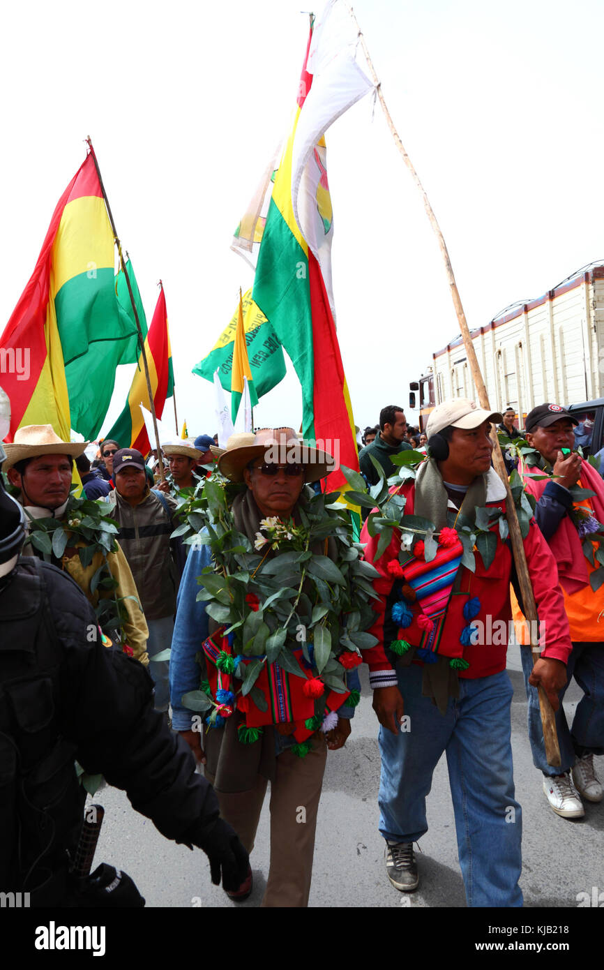 Subcentral TIPNIS leader Fernando Vargas leads the VIII March in Defence of the TIPNIS as it arrives at La Cumbre, a day before La Paz, Bolivia Stock Photo