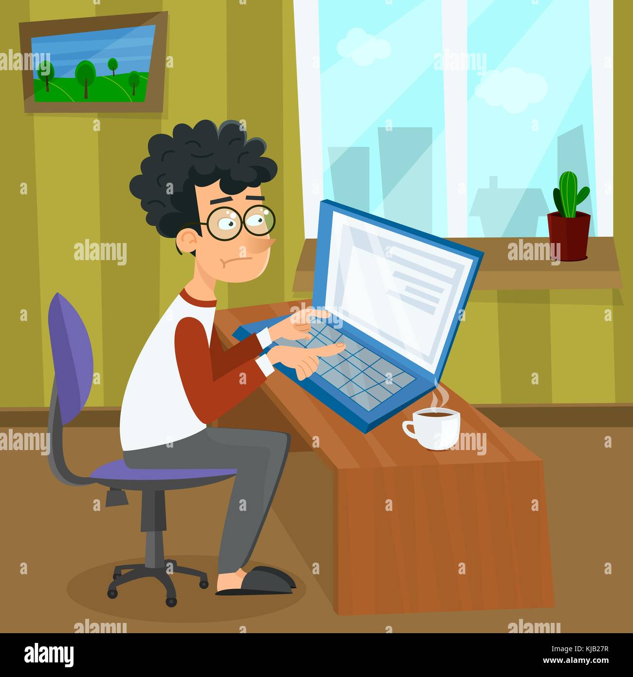 Vector cartoon young programmer man is working with laptop. EPS10 illustration of student studying process or search of work sitting at home. Stock Vector