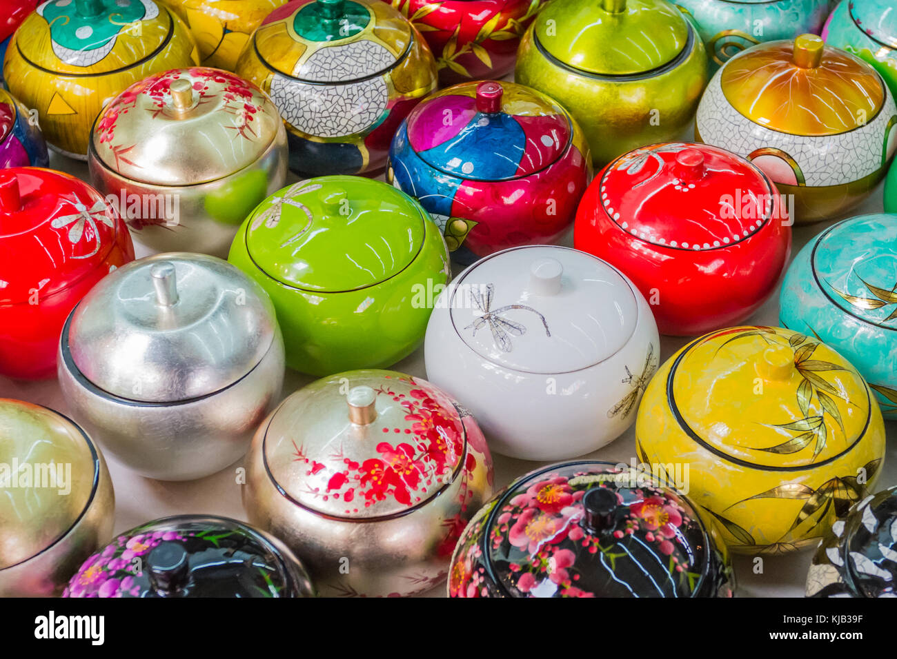 Bowls with lids on sale in Chinatown Singapore. Stock Photo