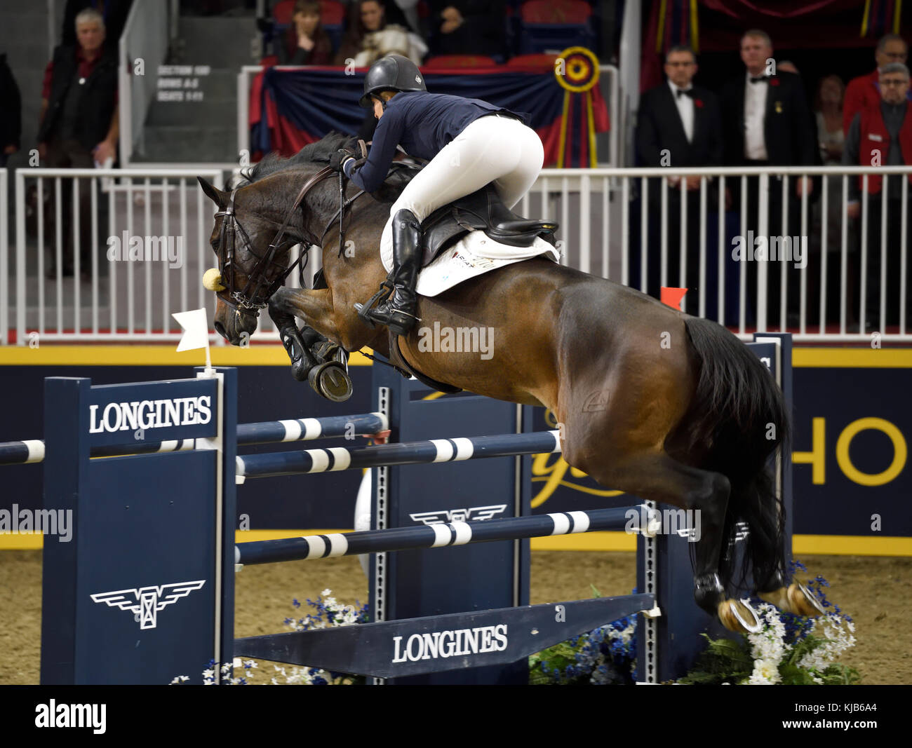 Elizabeth Madden USA riding Breitling LS in the Longines FEI World Cup Show Jumping competition jump off at the Royal Horse Show Toronto Stock Photo