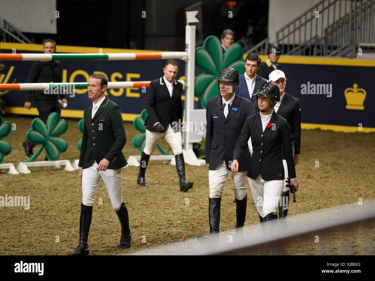 Richie Moloney, Sharn Wordley, Ian Miller, Nicola Philippaerts, Amy Miller, Daniel Coyle, walking the course of Longines FEI World Cup Show Jumping Stock Photo