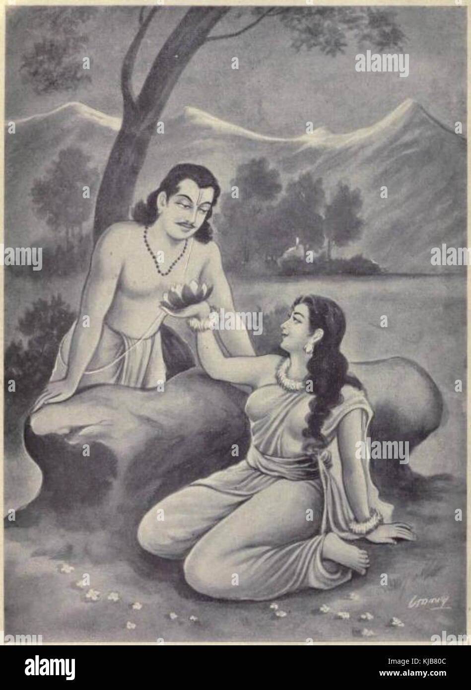 Draupadi showing the Sougandhika flowers to Bhima Stock Photo - Alamy
