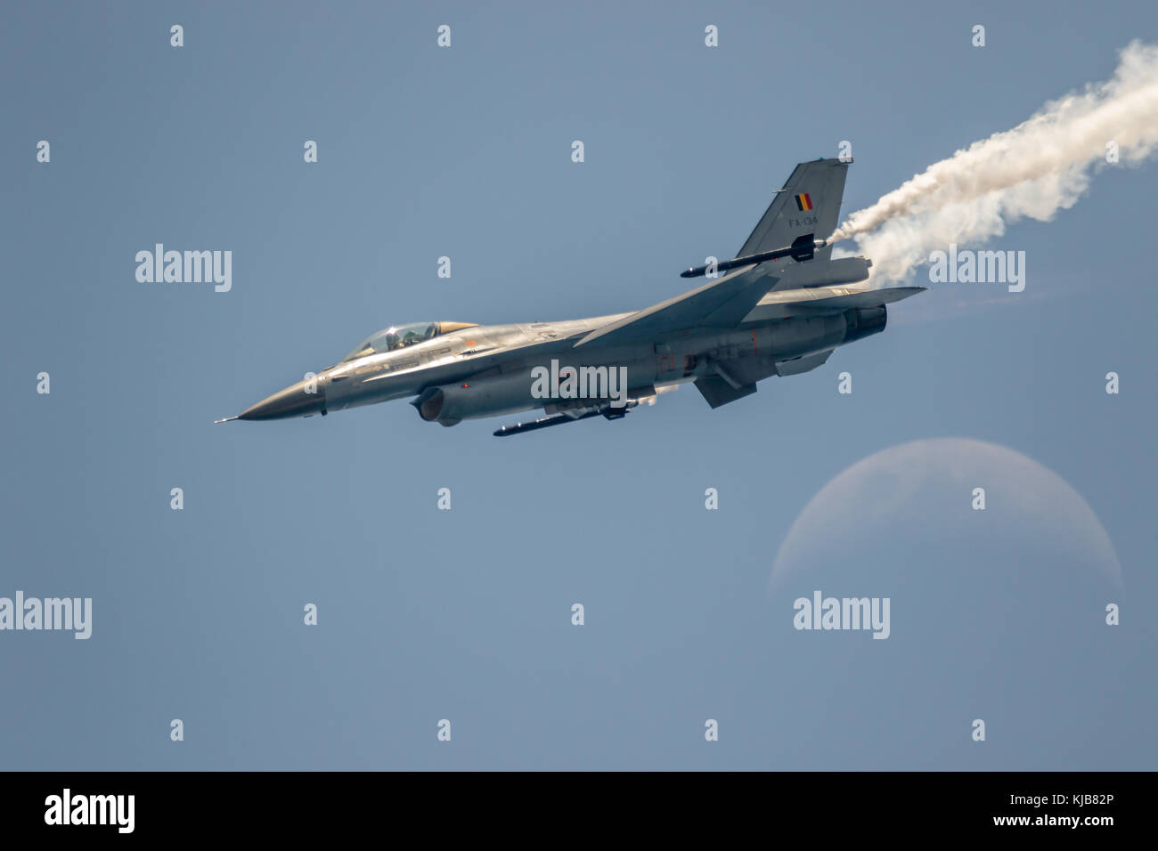 TORRE DEL MAR, MALAGA, SPAIN-JUL 28: Aircraft F-16 Belgian solo display taking part in a exhibition on the 2nd airshow of Torre del Mar on July 28, 20 Stock Photo