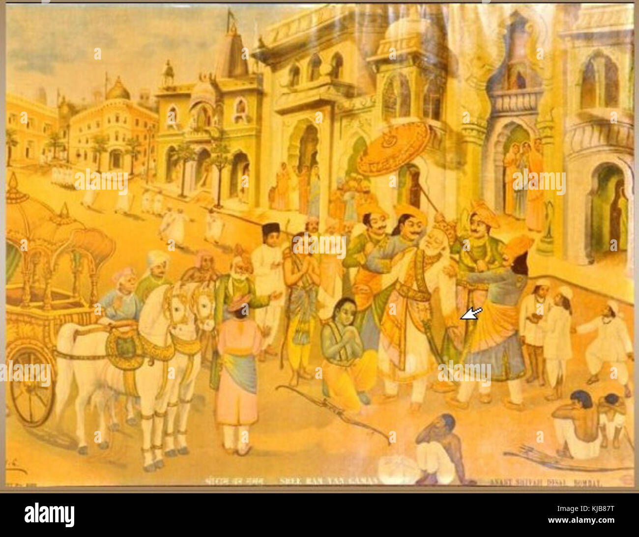 Shri Ram Vanavasam refers to the depiction of the story of Lord Rama's exile (Vanvas) from the Indian epic Ramayana, illustrating his departure into the forest as a result of his father's command. Stock Photo