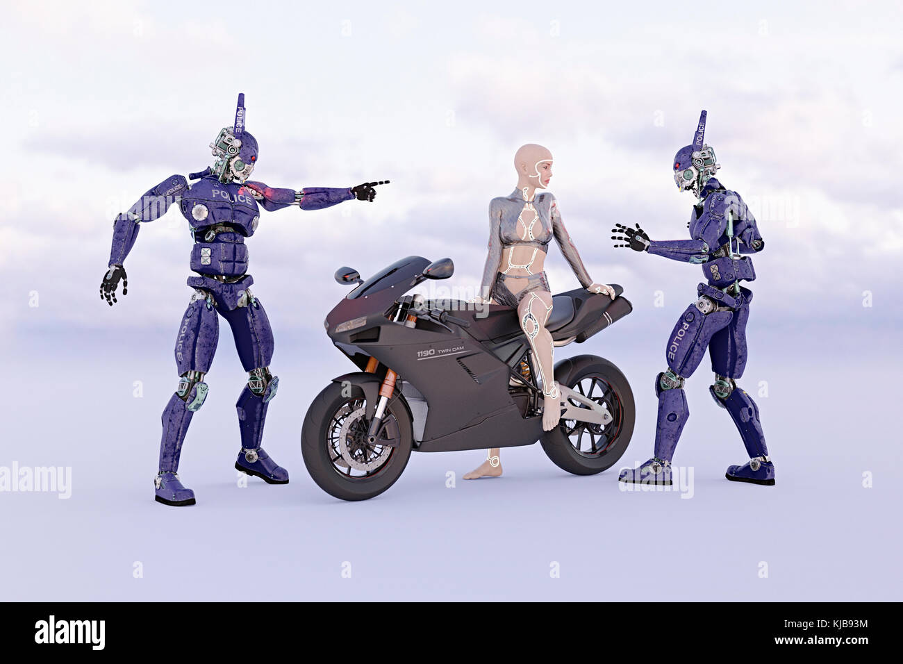 Robot police confronting futuristic woman on motorcycle Stock Photo