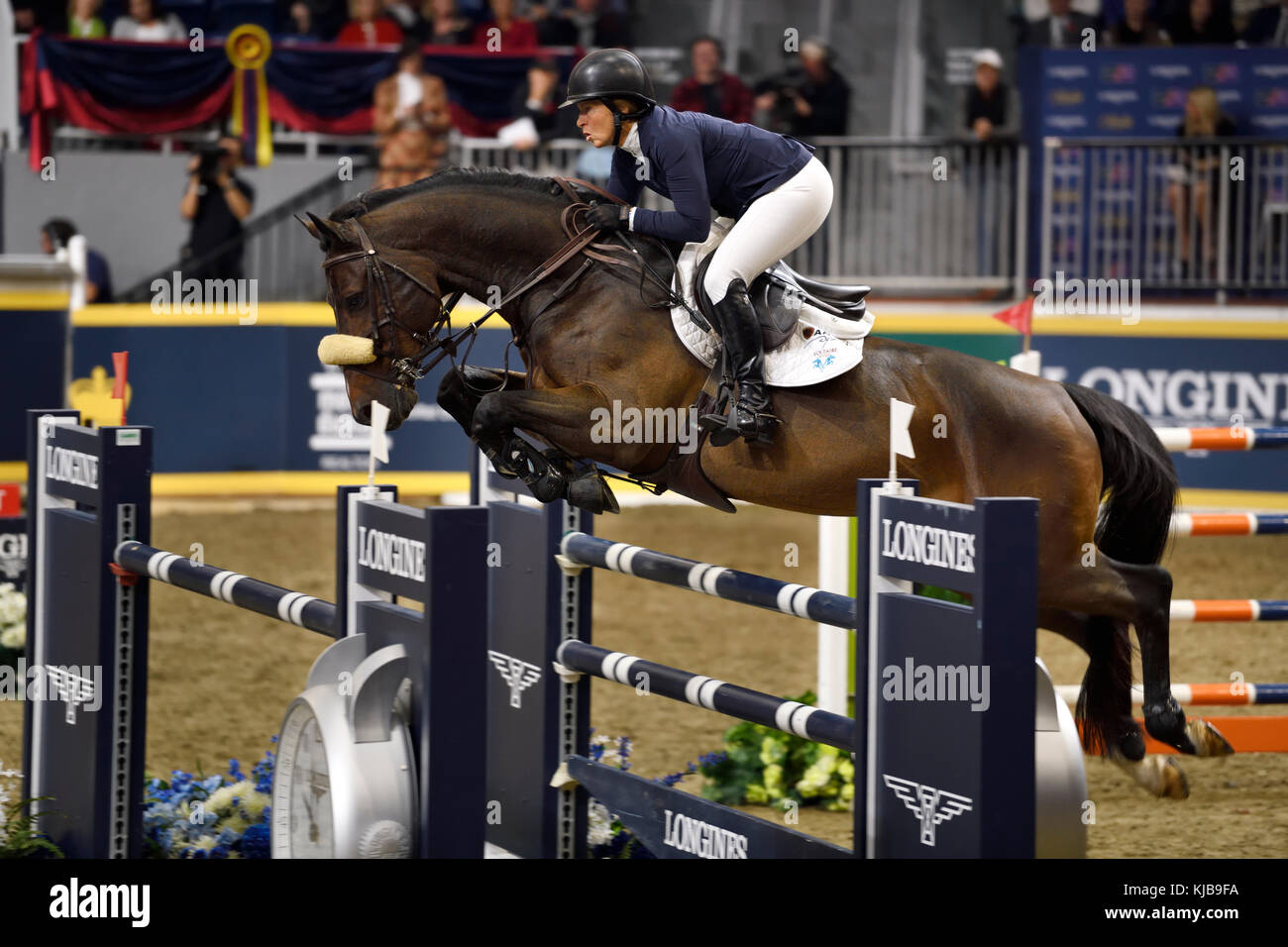 Elizabeth Madden USA riding Breitling LS in the Longines FEI World Cup Show Jumping competition at the Royal Horse Show Toronto Stock Photo