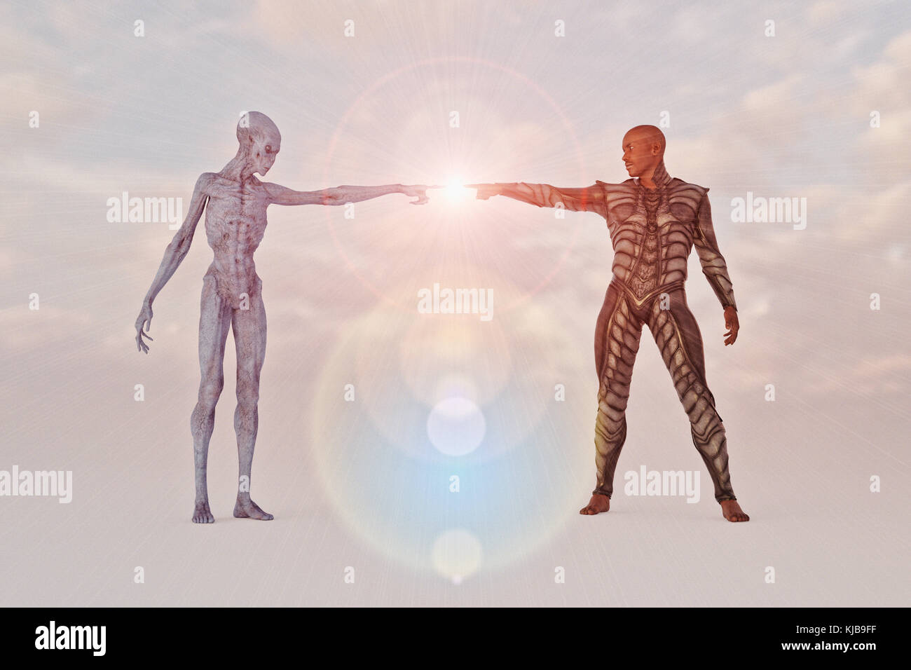 Man and alien touching glowing fingers Stock Photo