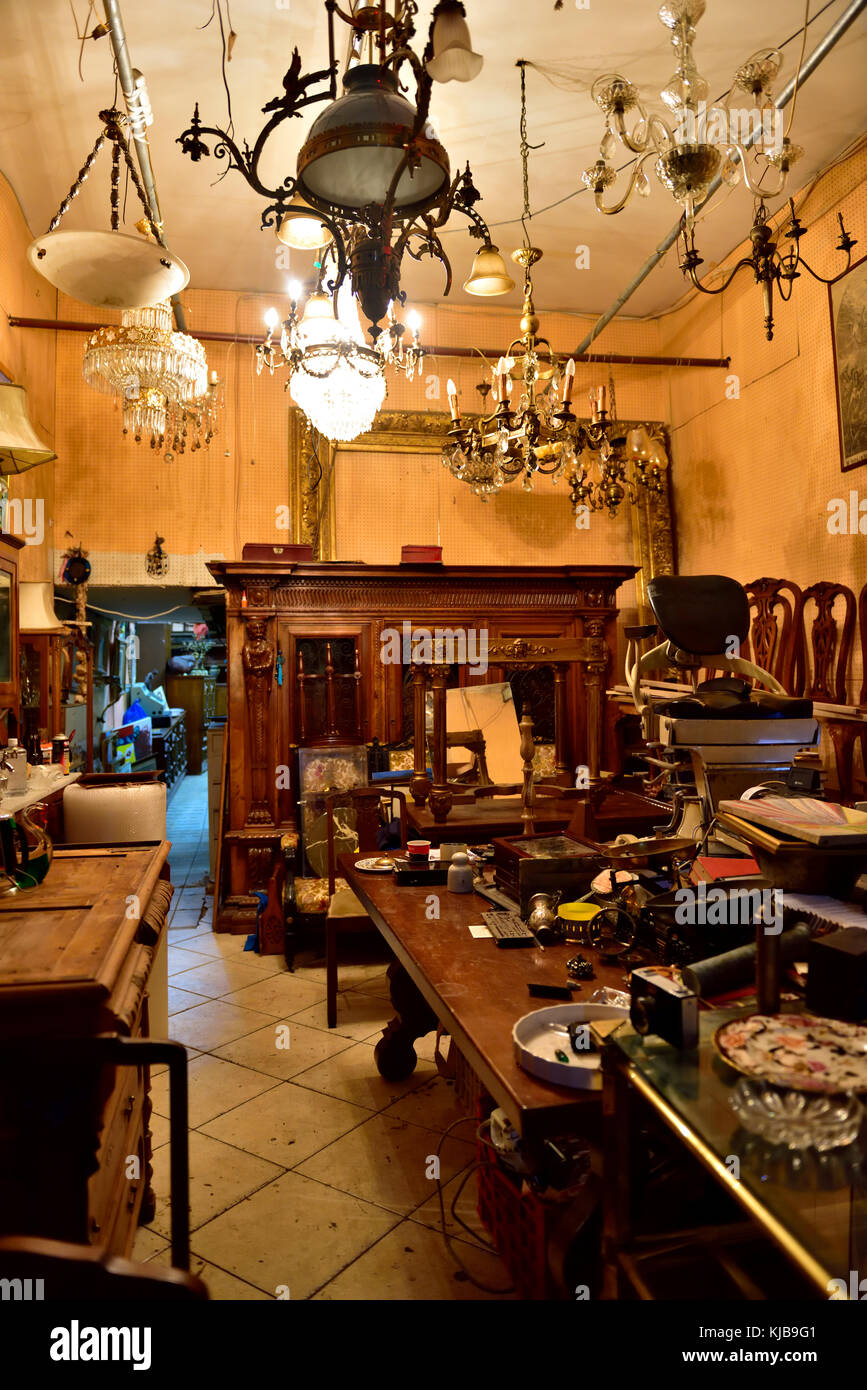 Inside antiques store with furniture, bricabrac, collectables off Ermou Street Monastiriaki