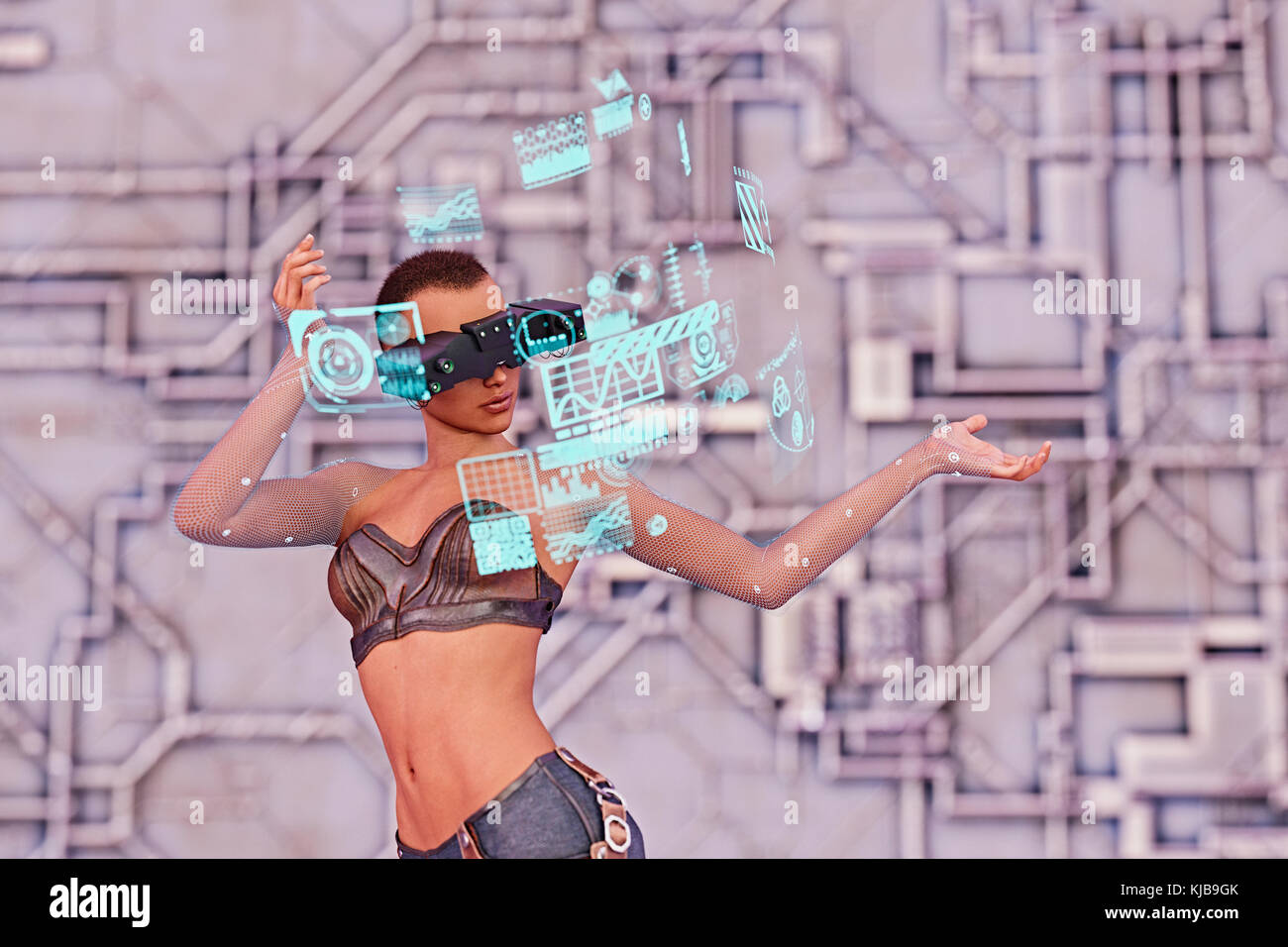 Woman wearing virtual reality goggles watching hologram Stock Photo