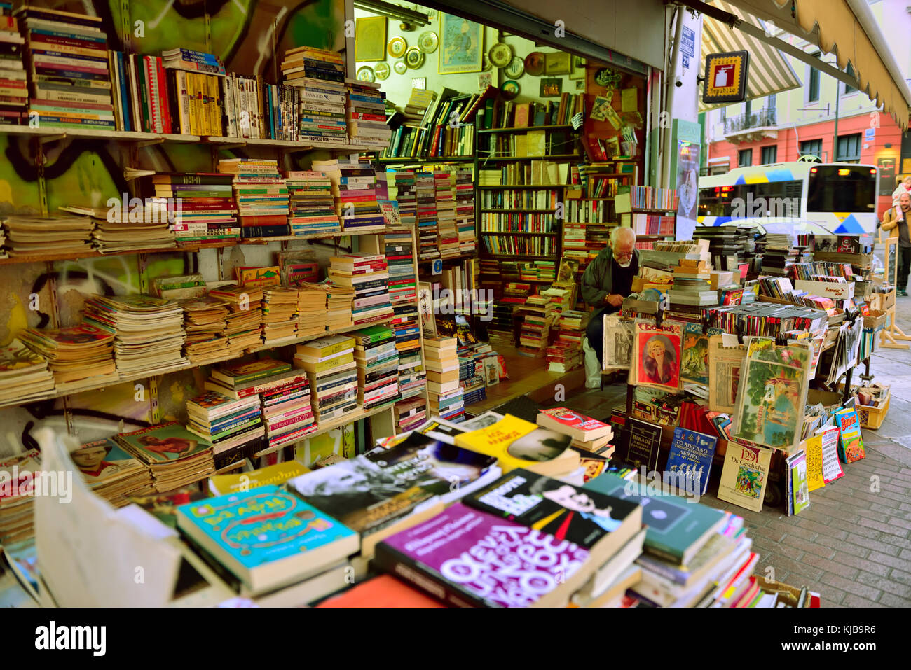 Street market with books and collectables off Ermou Street Monastiriaki area of central Athens, Greece Stock Photo