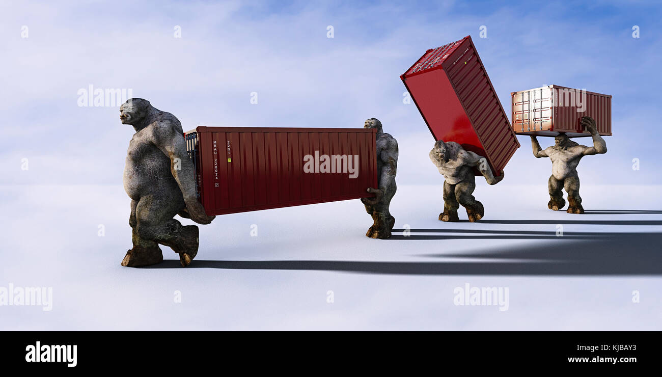 Ogres carrying shipping containers Stock Photo