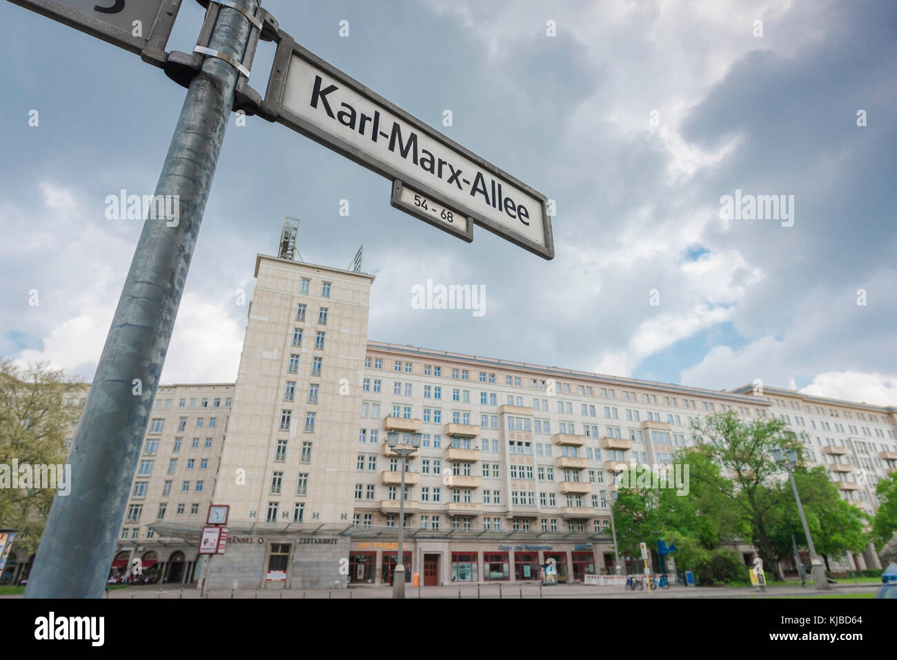 Berlin Karl Marx Allee, view of a street sign in Karl Marx Allee in the former communist eastern sector of Berlin, Germany. Stock Photo