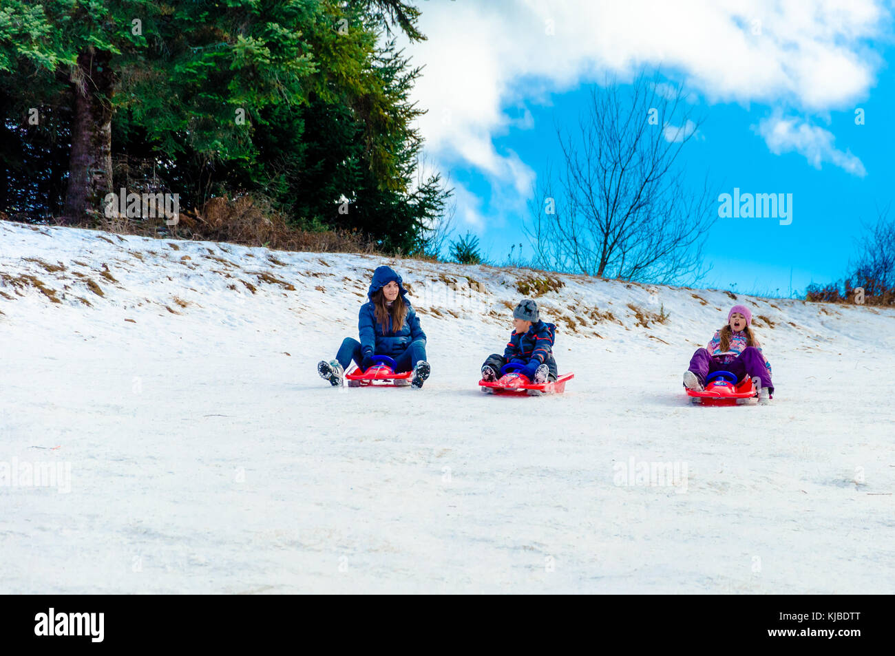 Family have fun with ski vehicles at Pertouli ski center, trikala, Greece on December 27, 2016. Stock Photo