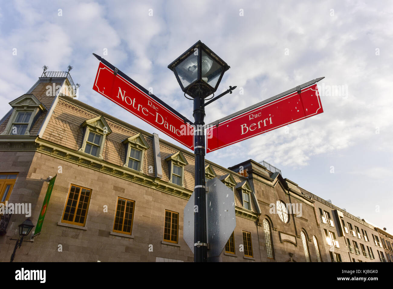Notre-Dame Street Sign and Lamp in Montreal, Quebec, Canada in the old part of the city. Stock Photo