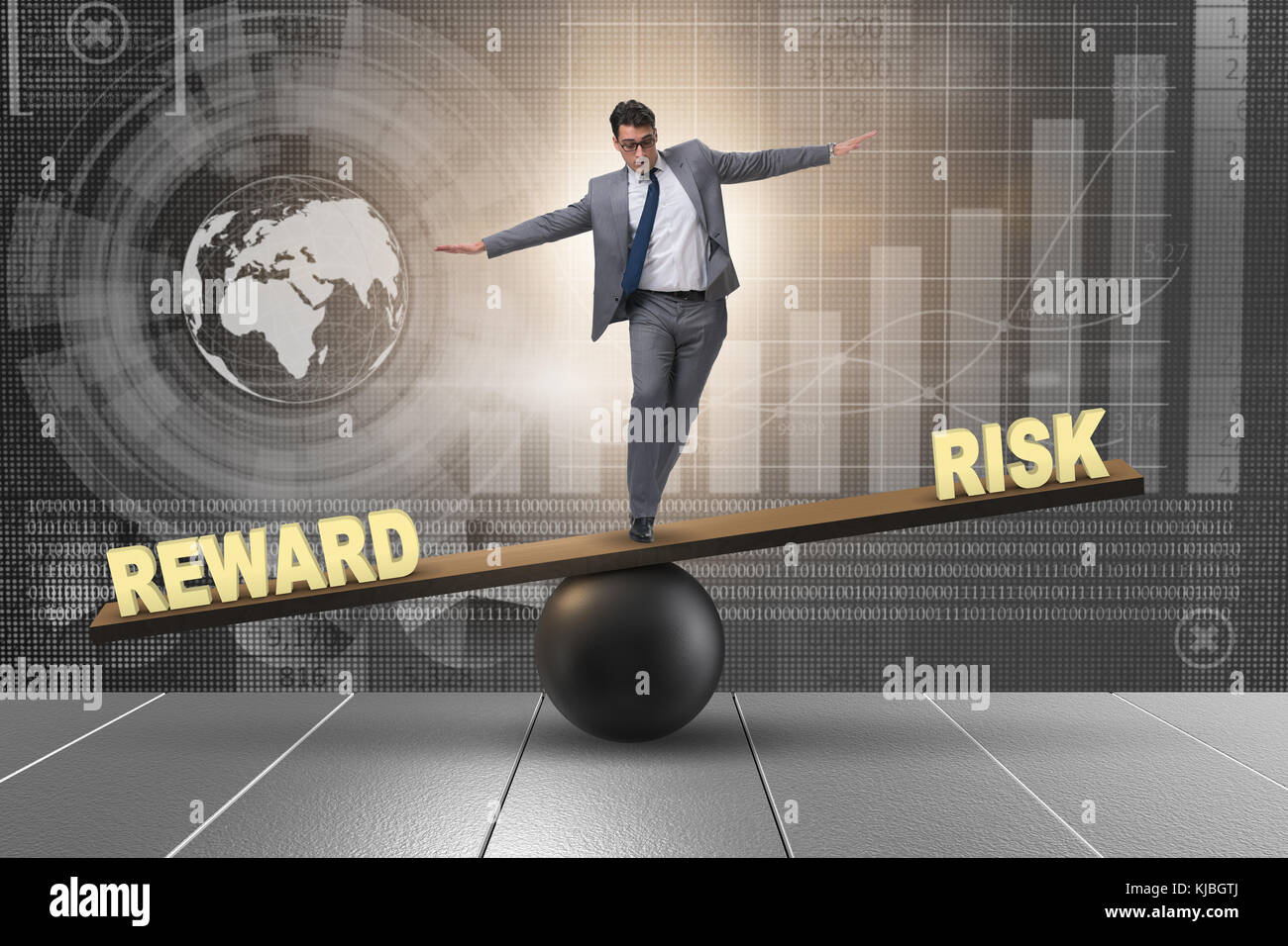 Businessman balancing between reward and risk business concept Stock ...
