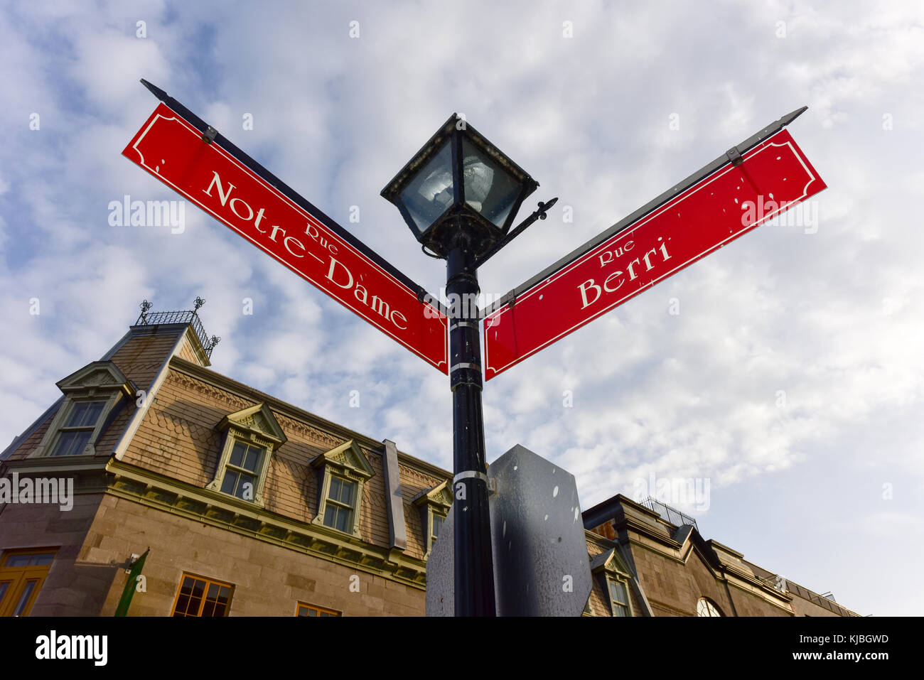 Notre-Dame Street Sign in Montreal, Quebec, Canada in the old part of the city. Stock Photo