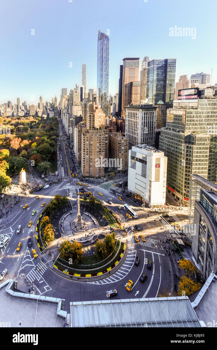 New York City - November 8, 2015: Aerial view of Central Park South and residential skyscrapers in New York City, New York by Columbus Circle. Stock Photo