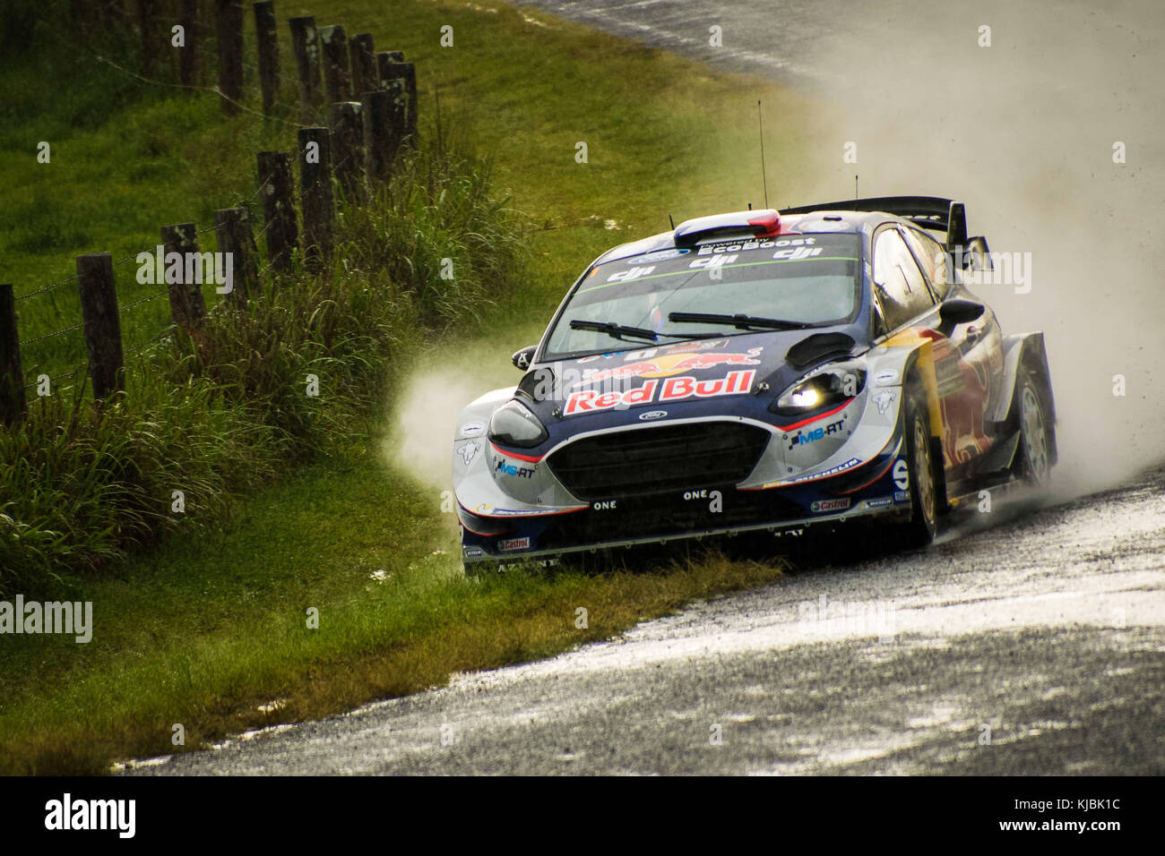 Five time WRC Champion Sébastien Ogier (FRA) and co-driver Julien Ingrassia  (FRA) of M-Sport cuts a corner in the rain on day two of the Rally  Australia round of the 2017 FIA