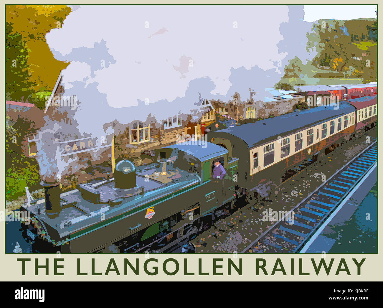 A poster style interpretation of the Llangollen Railway at Carrog railway station from Llangollen, North Wales, UK Stock Photo