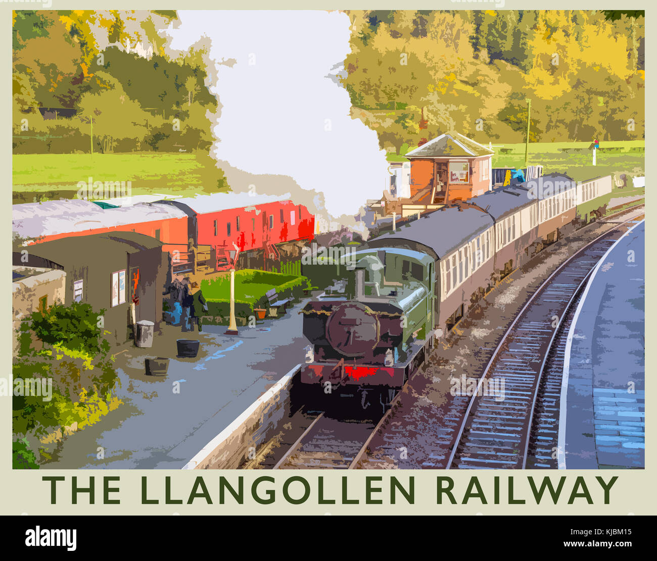 A poster style interpretation of the Llangollen Railway at Carrog railway station from Llangollen, North Wales, UK Stock Photo