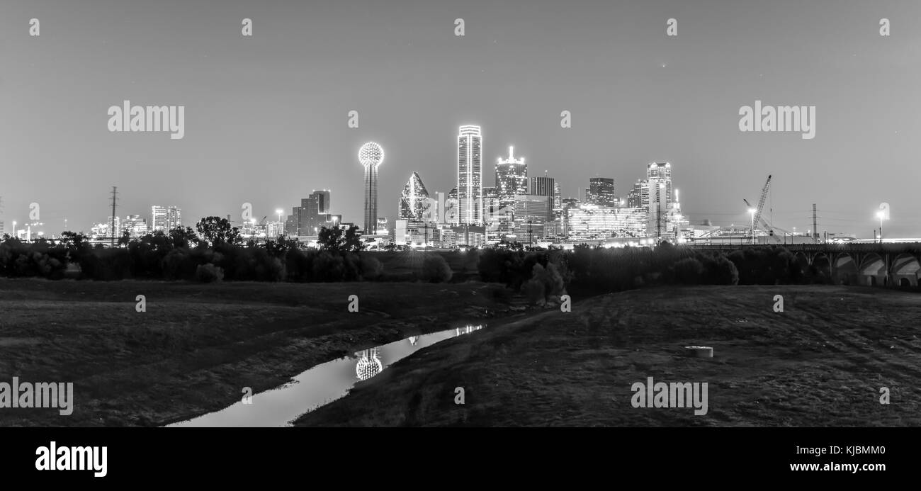 Downtown Dallas skyline at night from the Trinity River in Texas, USA. Stock Photo