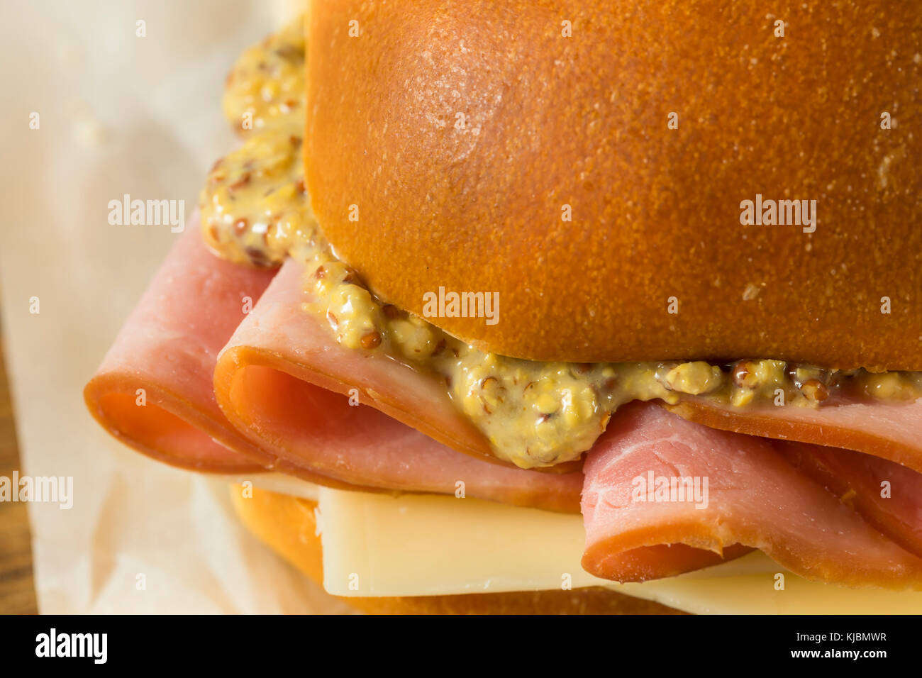 Homemade Ham and Cheese Sandwich with Spicy Mustard Stock Photo