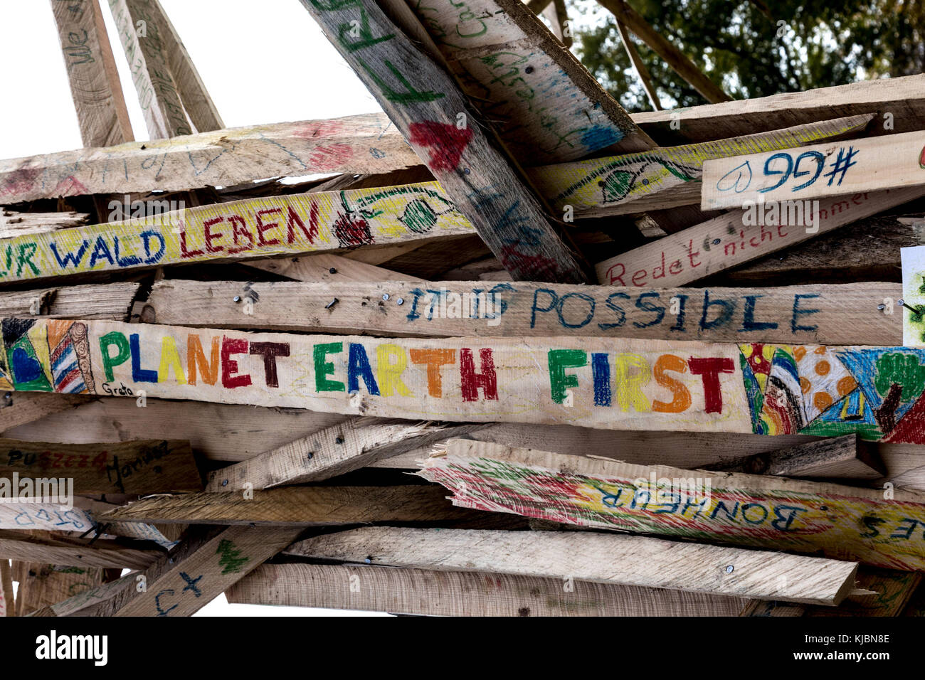 Bonn, Germany, November 14, 2017: Environmental artists in a park in Bonn advocating the sustainability of forests at the COP23 Fiji conference. Stock Photo