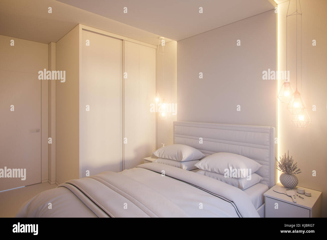 3d render of an interior design of a white minimalist bedroom. Stock Photo