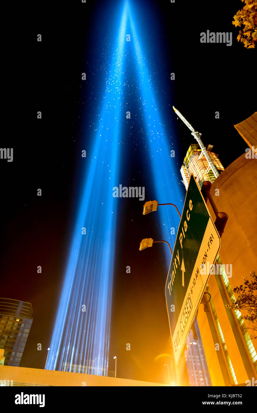 New York , New York - September 11, 2015: September 11th tribute in light in New York City. Stock Photo