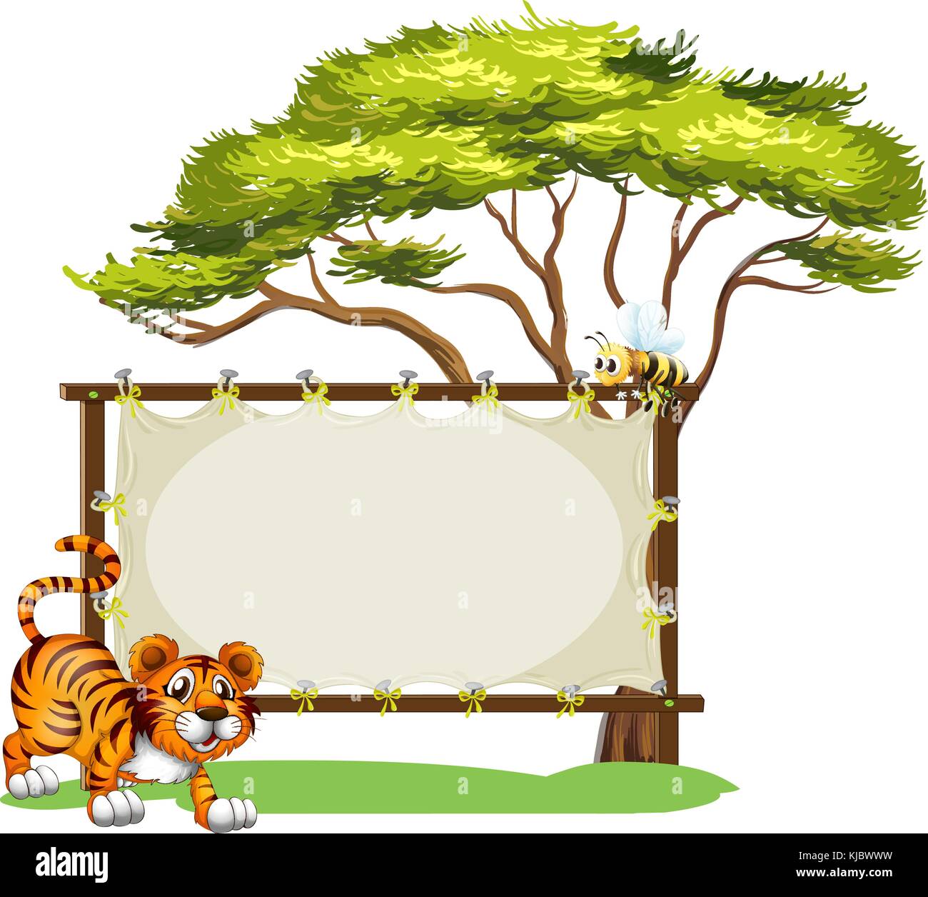 Illustration of a tiger beside the empty signage on a white background ...