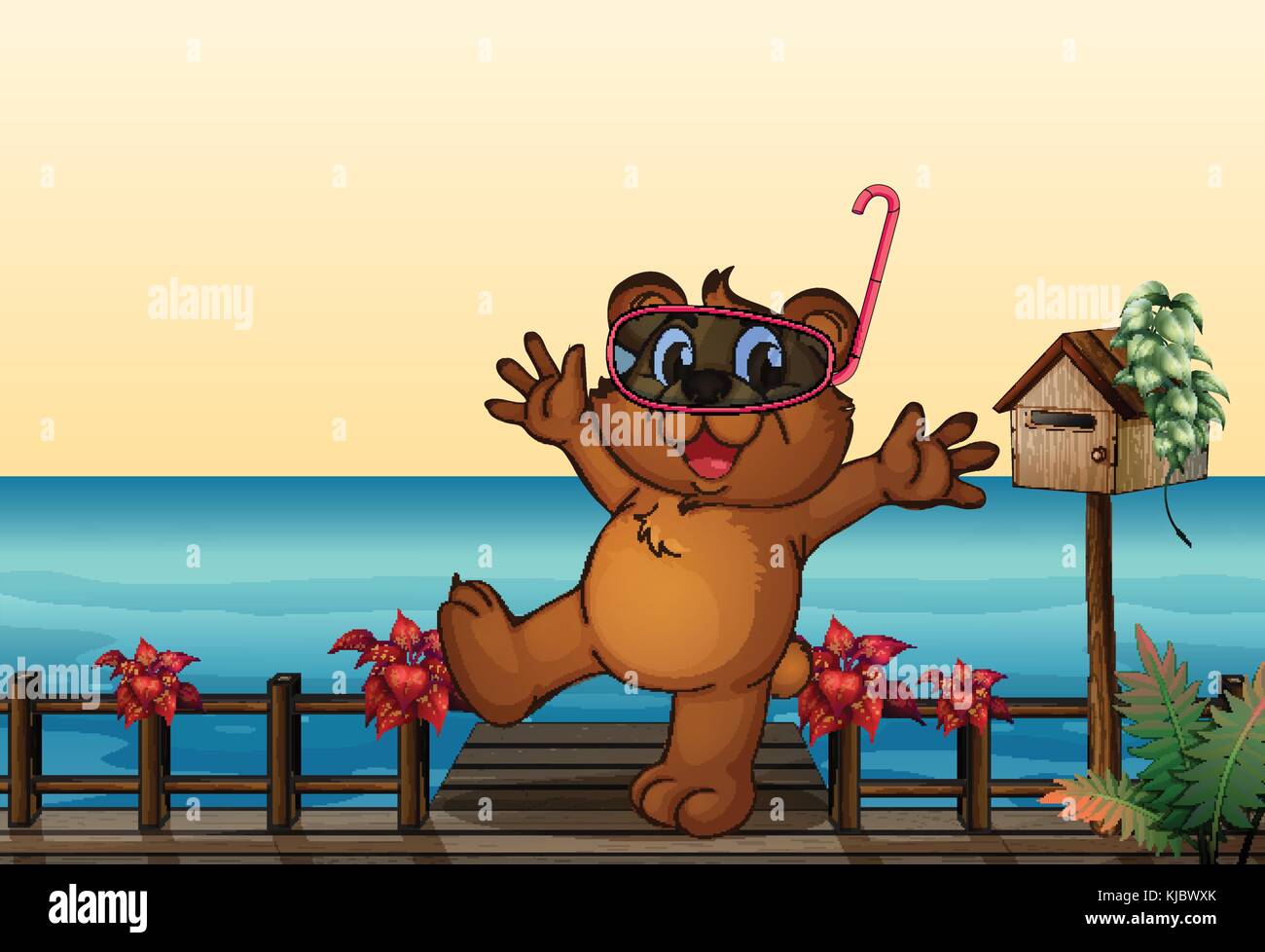 Illustration of a young bear at the wooden bridge Stock Vector