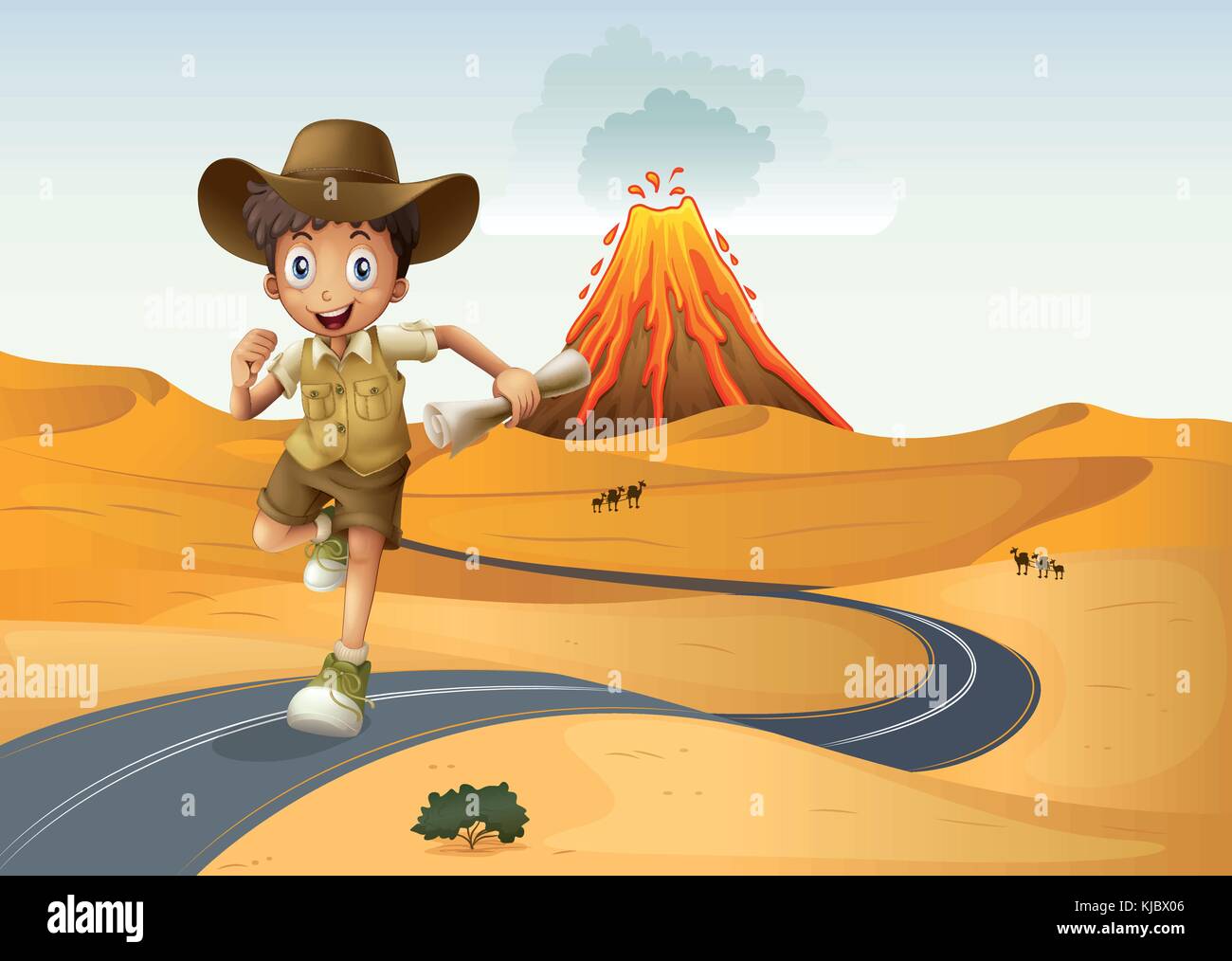 Illustration of a boy running along the street holding a rolled paper ...