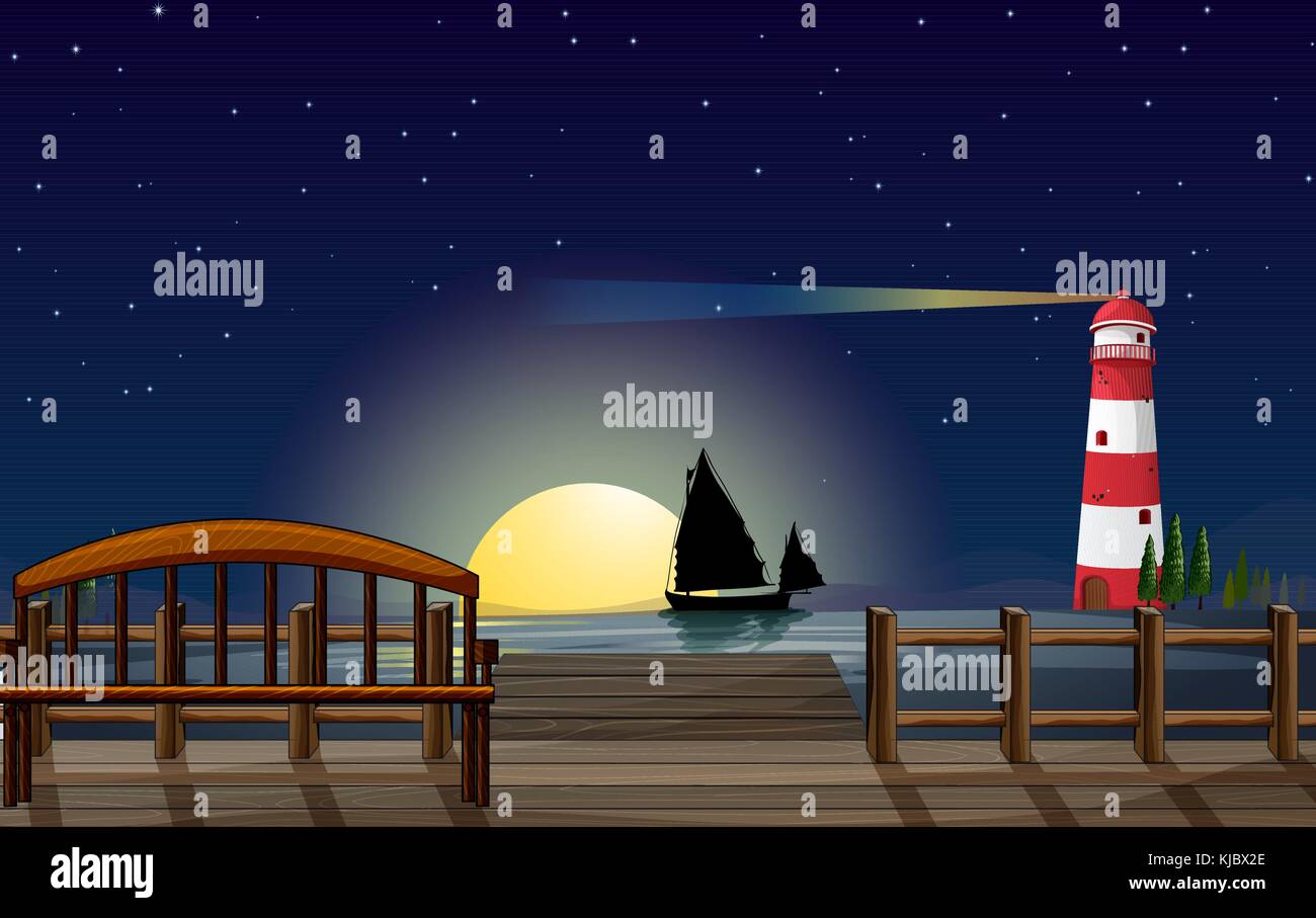 Illustration of a seaport with a lighthouse Stock Vector