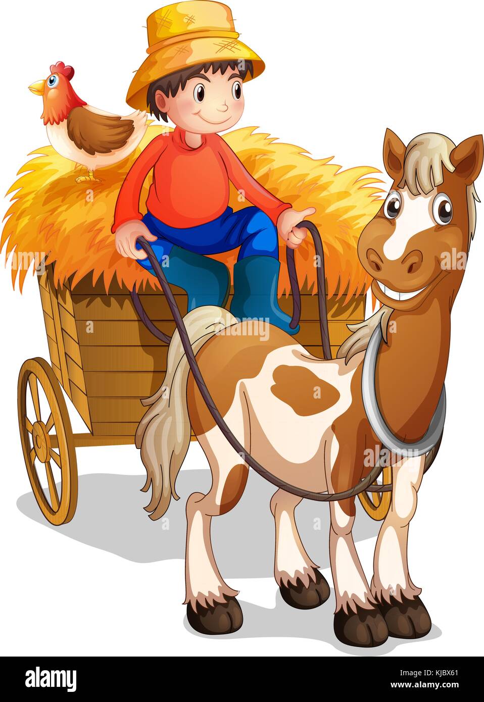 Illustration of a farmer riding a cart with a chicken at his back on a ...