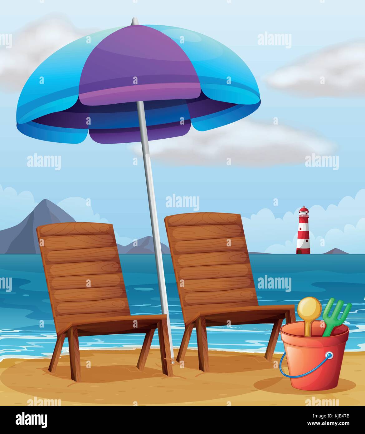 Illustration of a beach with an umbrella and chairs Stock Vector Image ...