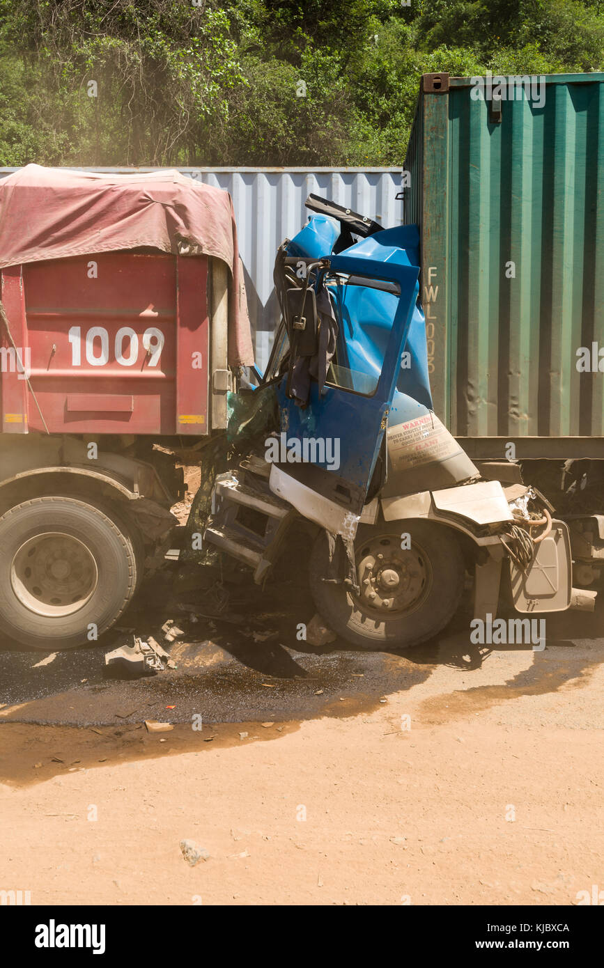 Aftermath of a road traffic accident involving two trucks on a section of Rift Valley road (no fatalities), Kenya, East Africa Stock Photo