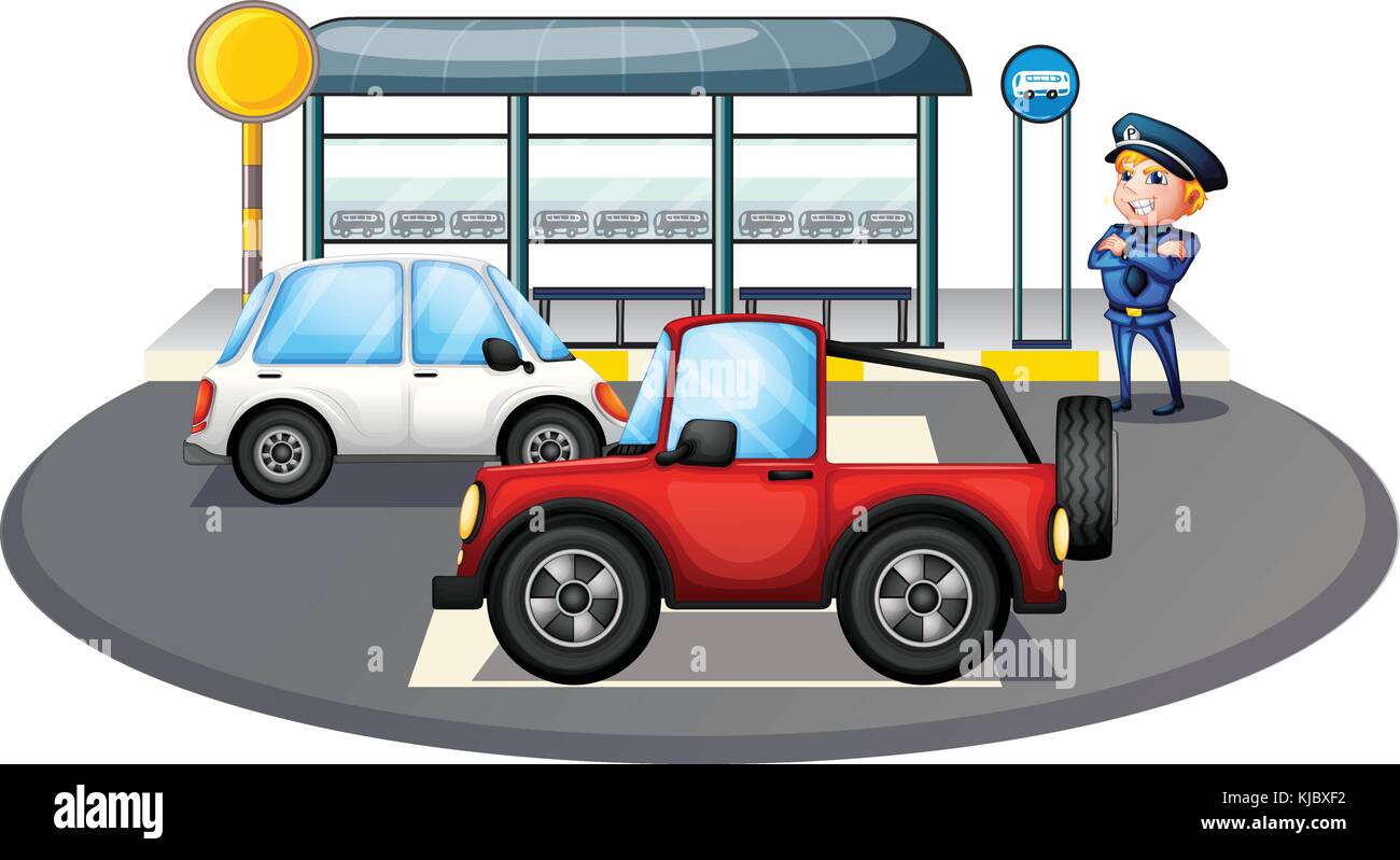 Illustration of a cop standing at the waiting shed area on a white background Stock Vector