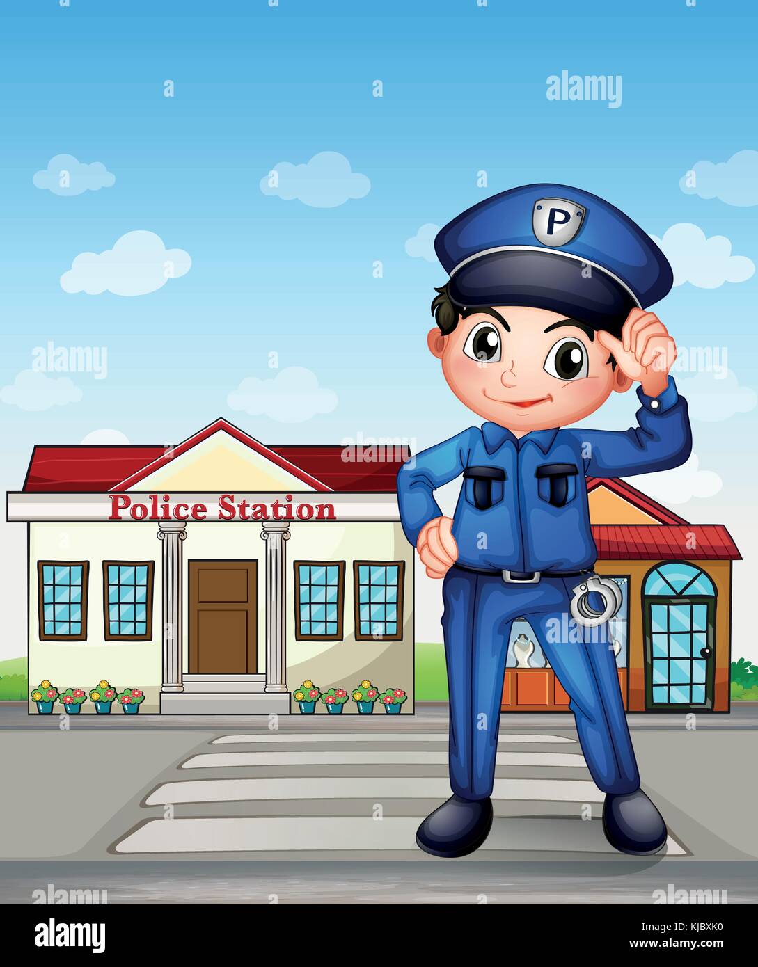 Illustration of a police officer in front of a police station Stock Vector  Image & Art - Alamy