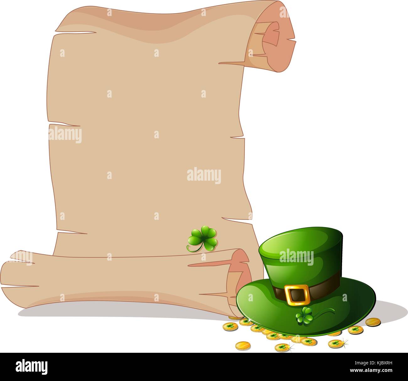 Illustration of an empty space beside a green hat and tokens on a white background Stock Vector