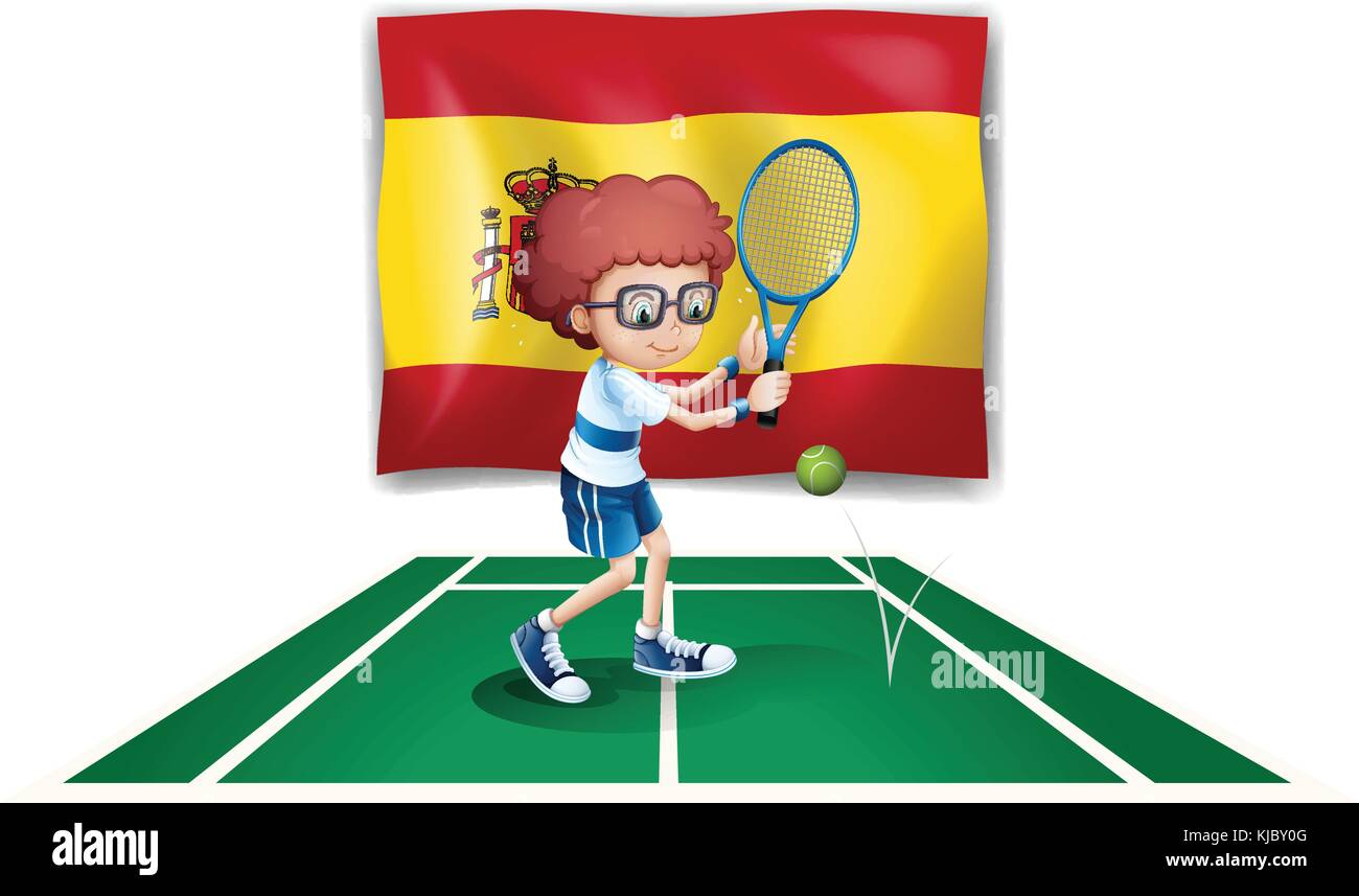 Illustration of a boy playing tennis in front of the flag of Spain on a white background Stock Vector
